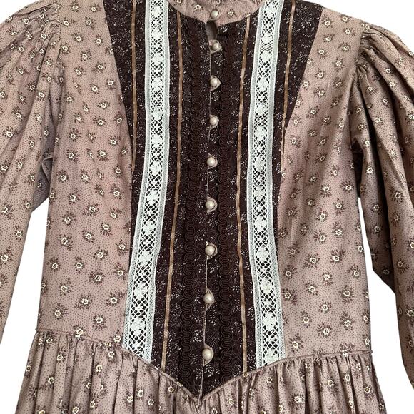 Vintage Boho Dress Prairie Style Brown Floral Print Button Ruffle Trim Size XS - Picture 4 of 8